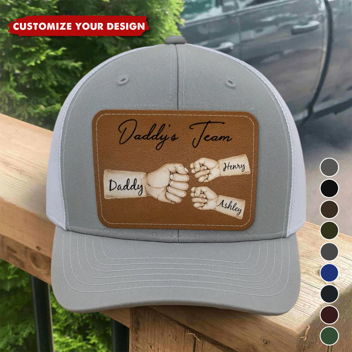 Daddy's Team Fist Bump Personalized Leather Patch Hat, Gift For Dad
