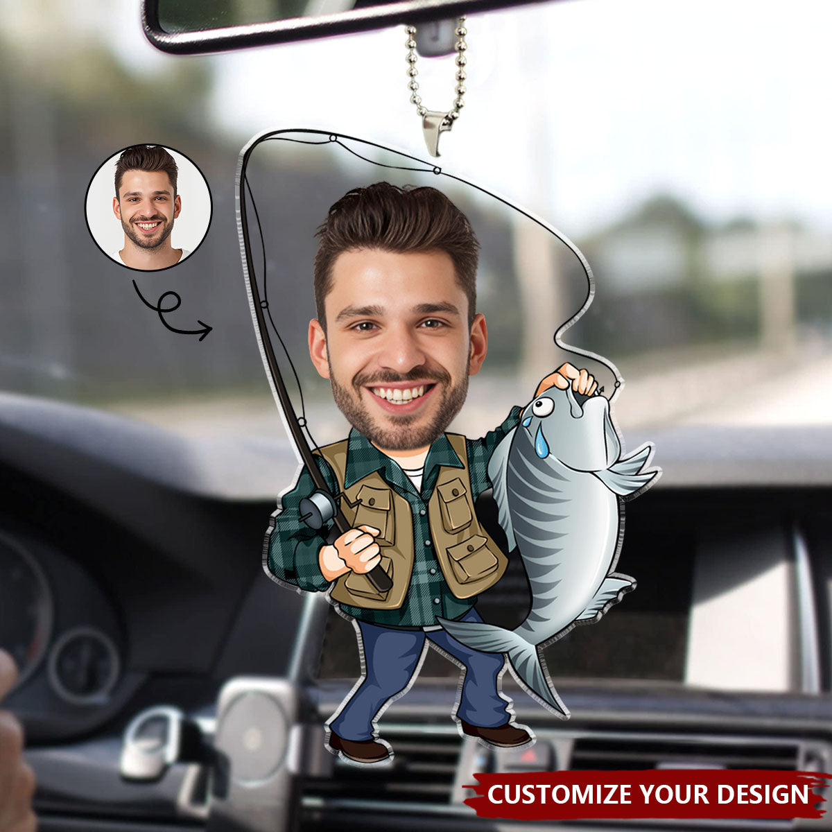 Custom Photo Fisherman Cartoon - Personalized Car Ornament - Father's Day, Gift For Dad, Grandpa