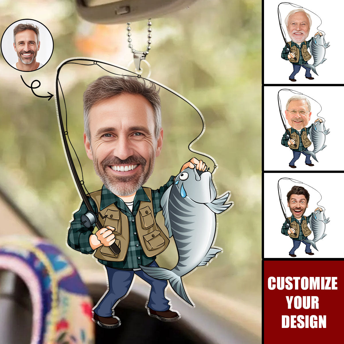 Custom Photo Fisherman Cartoon - Personalized Car Ornament - Father's Day, Gift For Dad, Grandpa