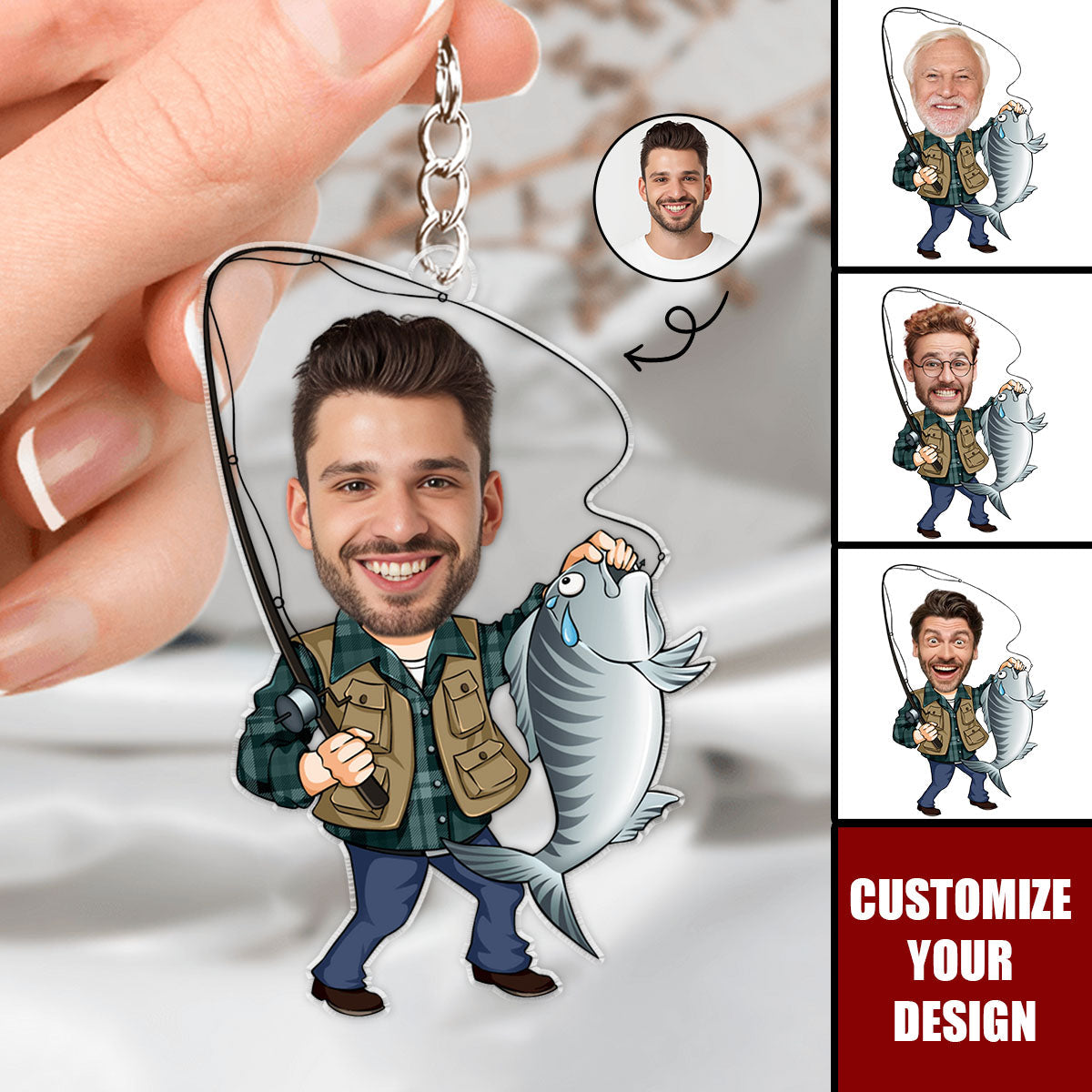 Custom Photo Fisherman Cartoon - Personalized Acrylic Keychain - Father's Day, Gift For Dad, Grandpa