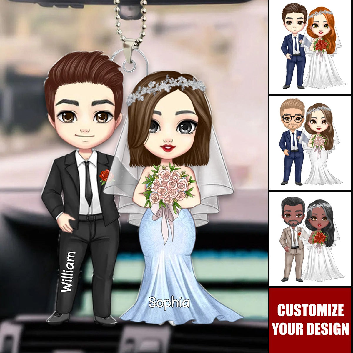 Cartoon Bride And Groom Personalized Car Ornament