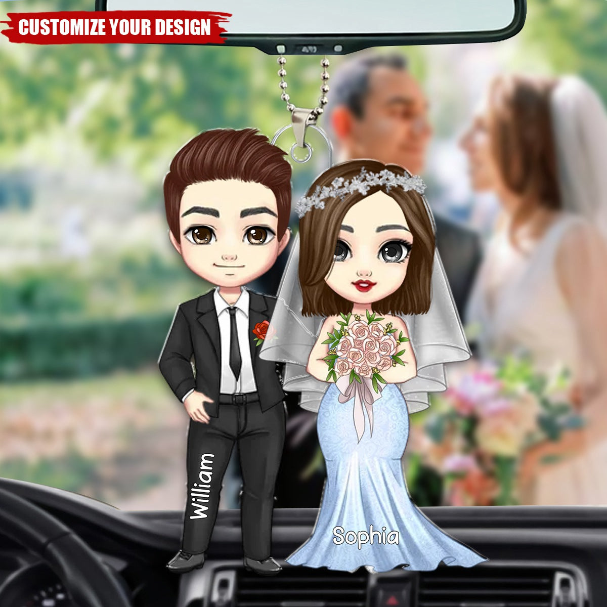 Cartoon Bride And Groom Personalized Car Ornament