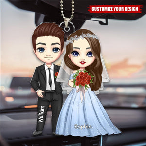 Cartoon Bride And Groom Personalized Car Ornament