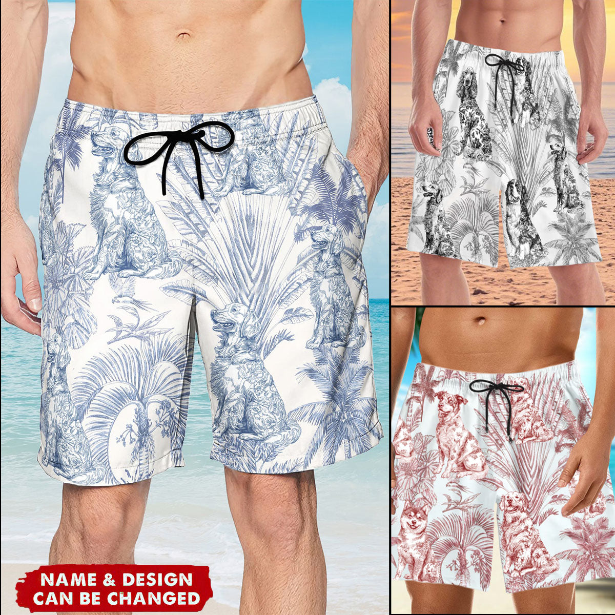 Dog Custom Toile De Jouy French Style - Personalized Beach Shorts