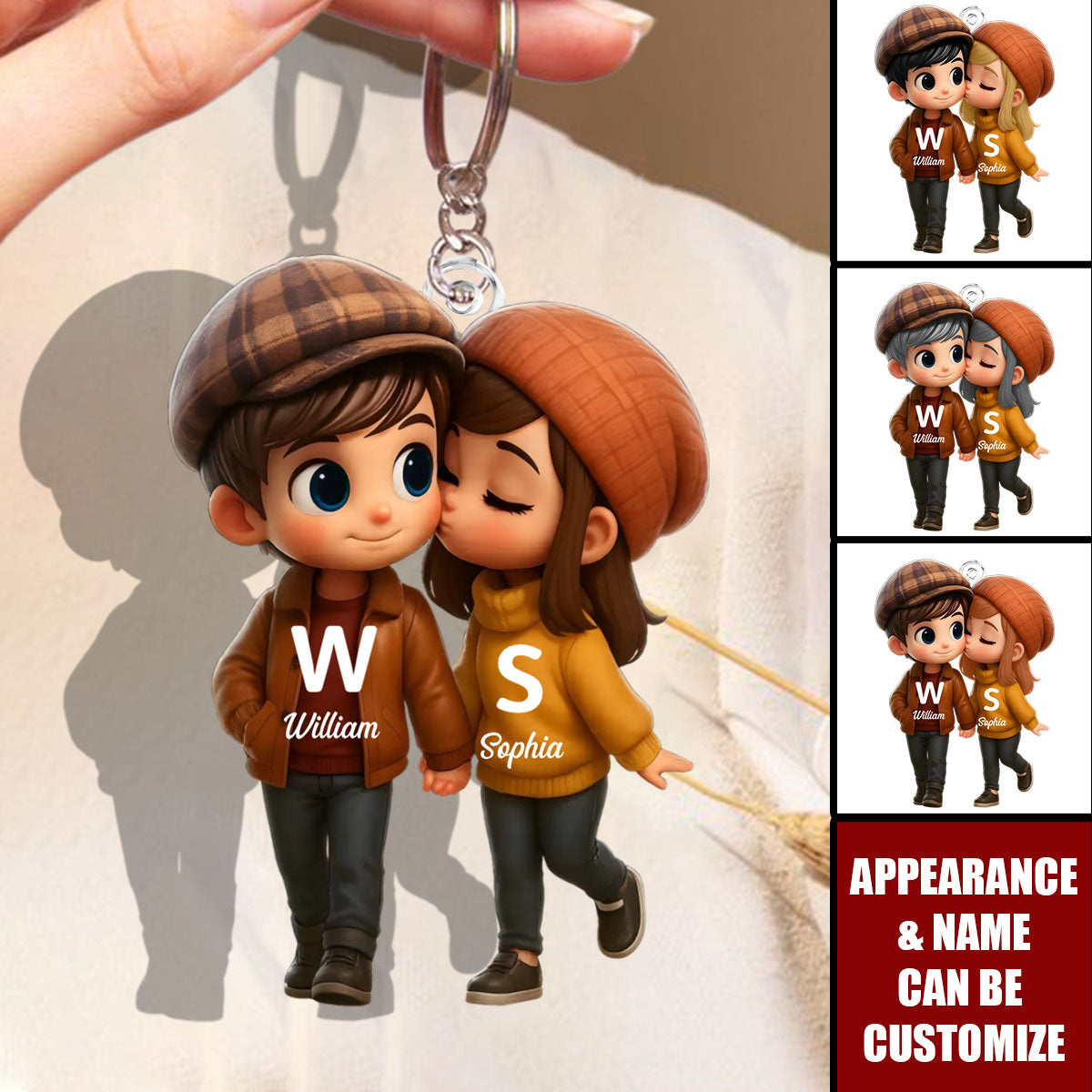 Fall Season Cute Cartoon Couple Walking Personalized Keychain
