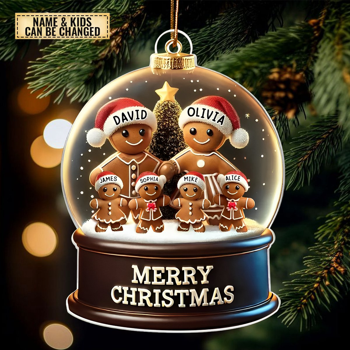 Gingerbread Family In Snow Globe Personalized Acrylic Ornament