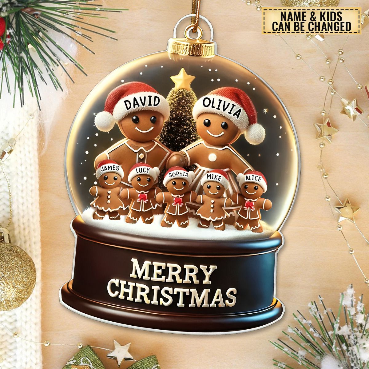 Gingerbread Family In Snow Globe Personalized Acrylic Ornament