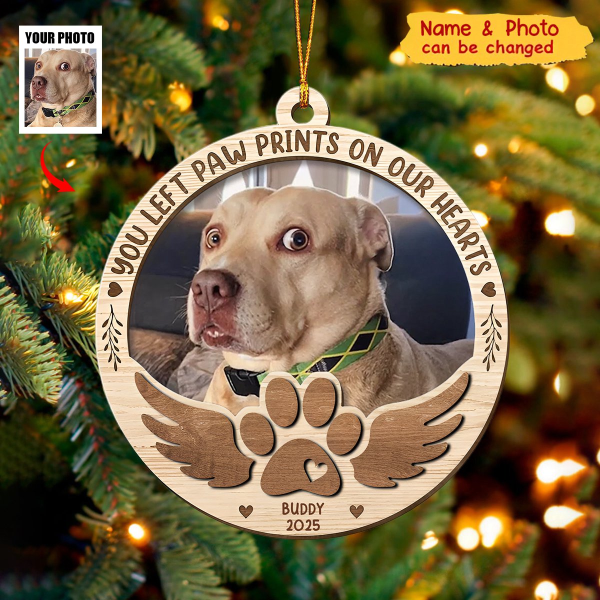 Paw Prints On My Heart - Personalized 2 Layers Wooden Photo Ornament