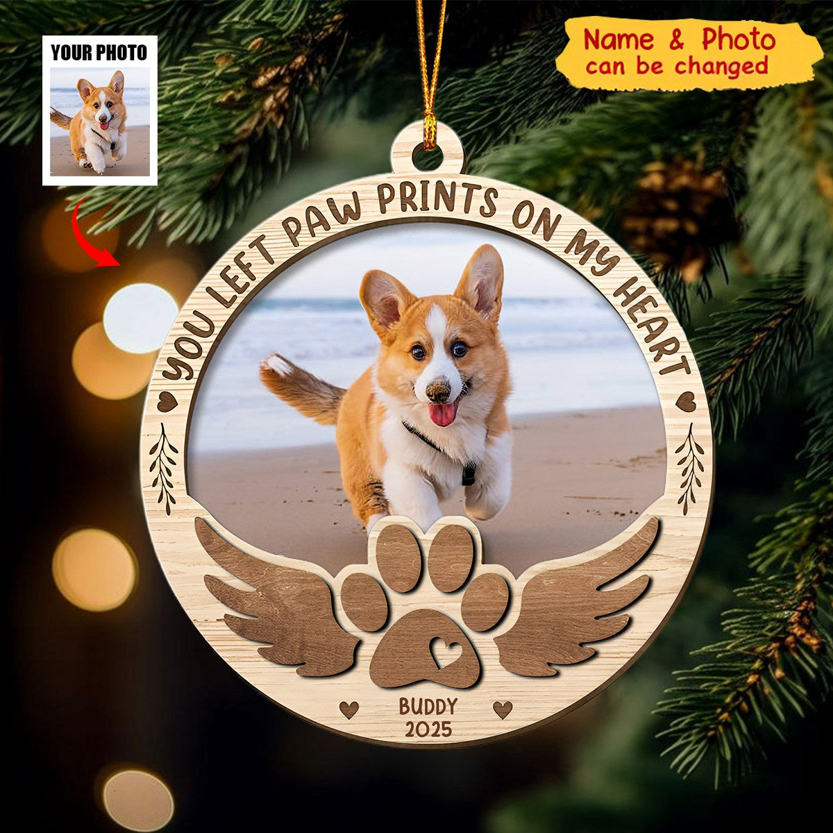 Paw Prints On My Heart - Personalized 2 Layers Wooden Photo Ornament