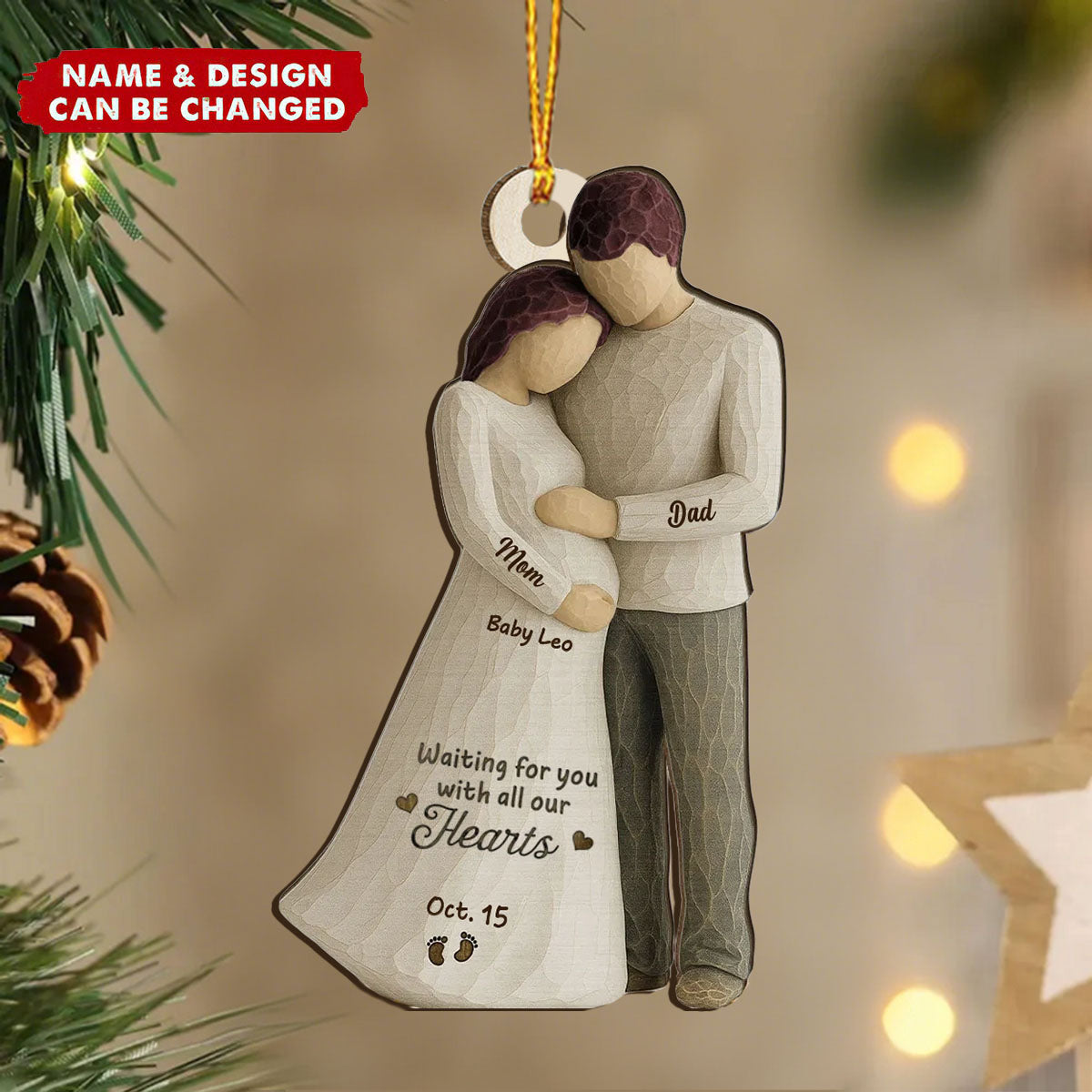 Waiting For You With All Our Hearts Couple Expecting Baby - Personalized Wooden Ornament