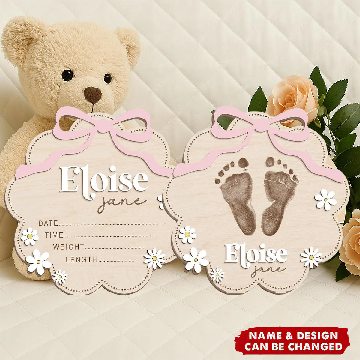 Personalized Birth Announcement Sign - Pink Bow Baby Name Sign