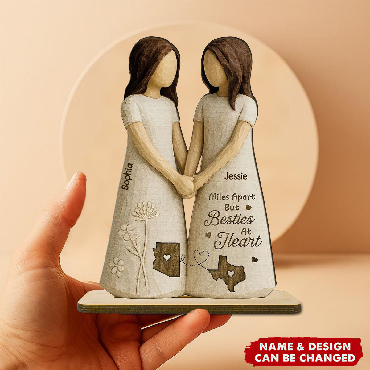 Miles Apart Besties At Heart Personalized Standing Wooden Plaque