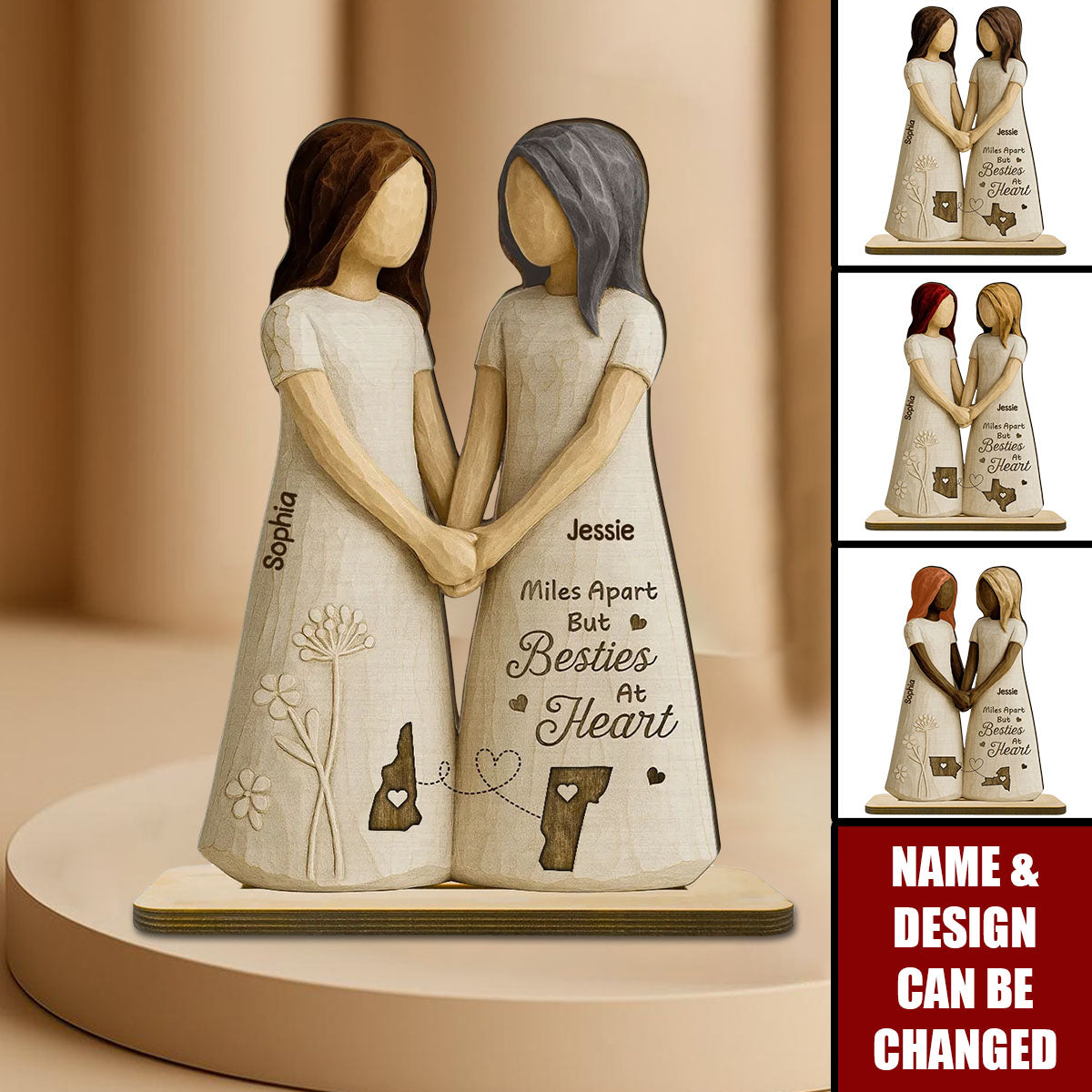 Miles Apart Besties At Heart Personalized Standing Wooden Plaque