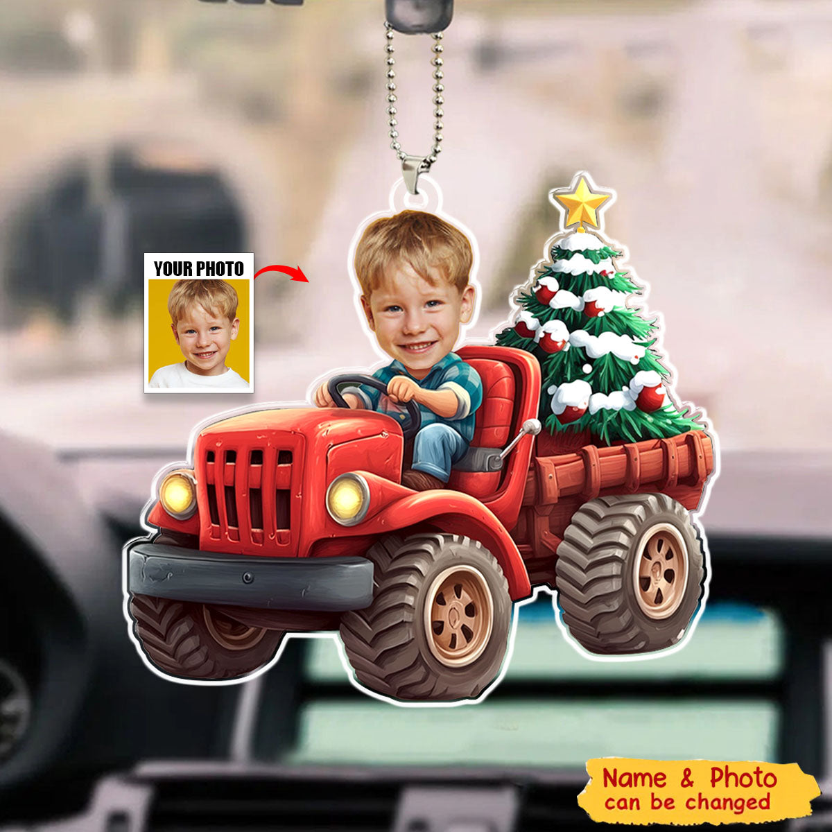 Kids Riding Red Truck With Christmas Tree - Personalized Acrylic Car Ornament