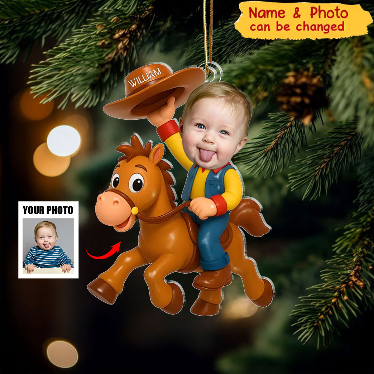 Personalized Christmas Photo Acrylic Ornament - Little Cowboy Adventure Time