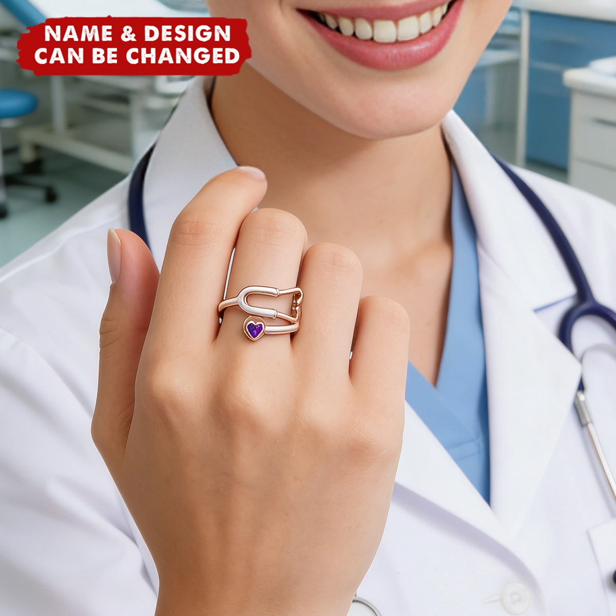 Personalized Multicolor Enamel Stethoscope Heart Birthstone Ring - Gift For Nurses