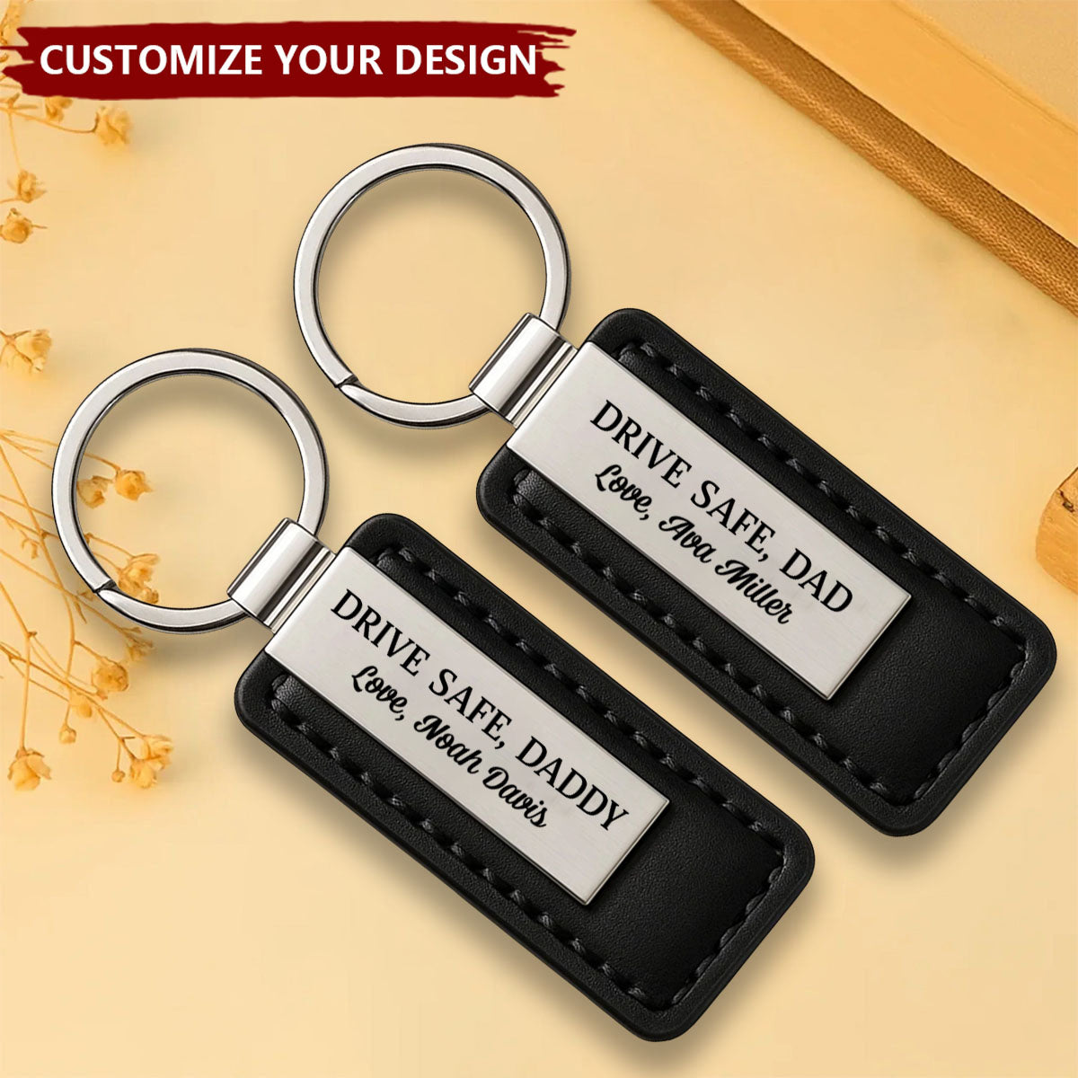 Drive Safe, Daddy - Family Personalized Metal With Leather Keychain, Gift For Dad, Grandpa