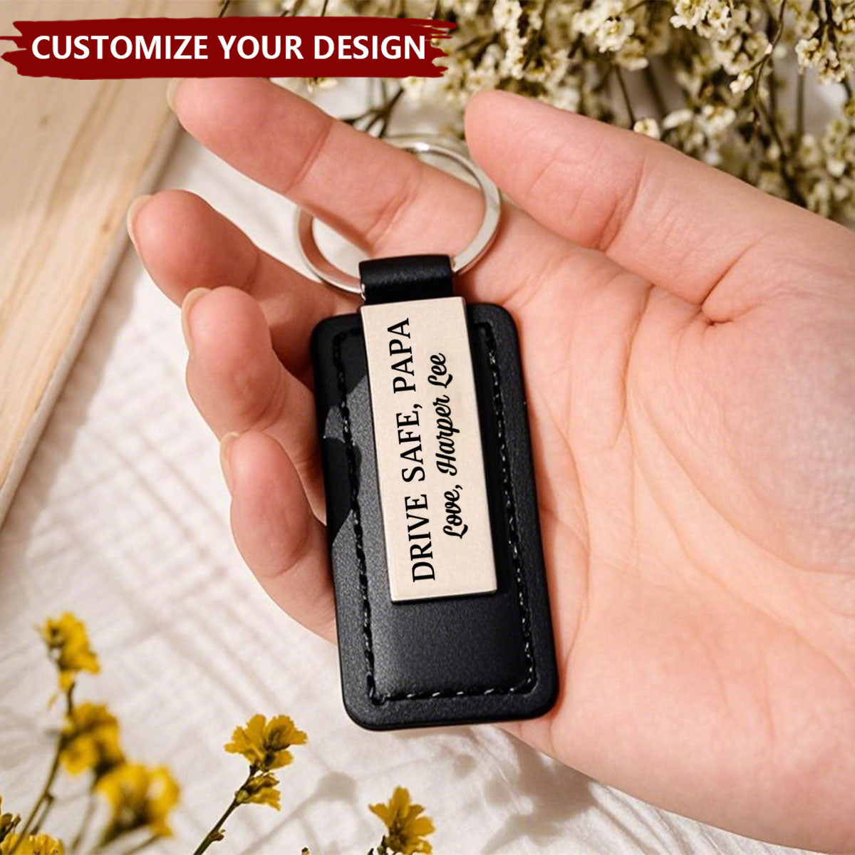Drive Safe, Daddy - Family Personalized Metal With Leather Keychain, Gift For Dad, Grandpa