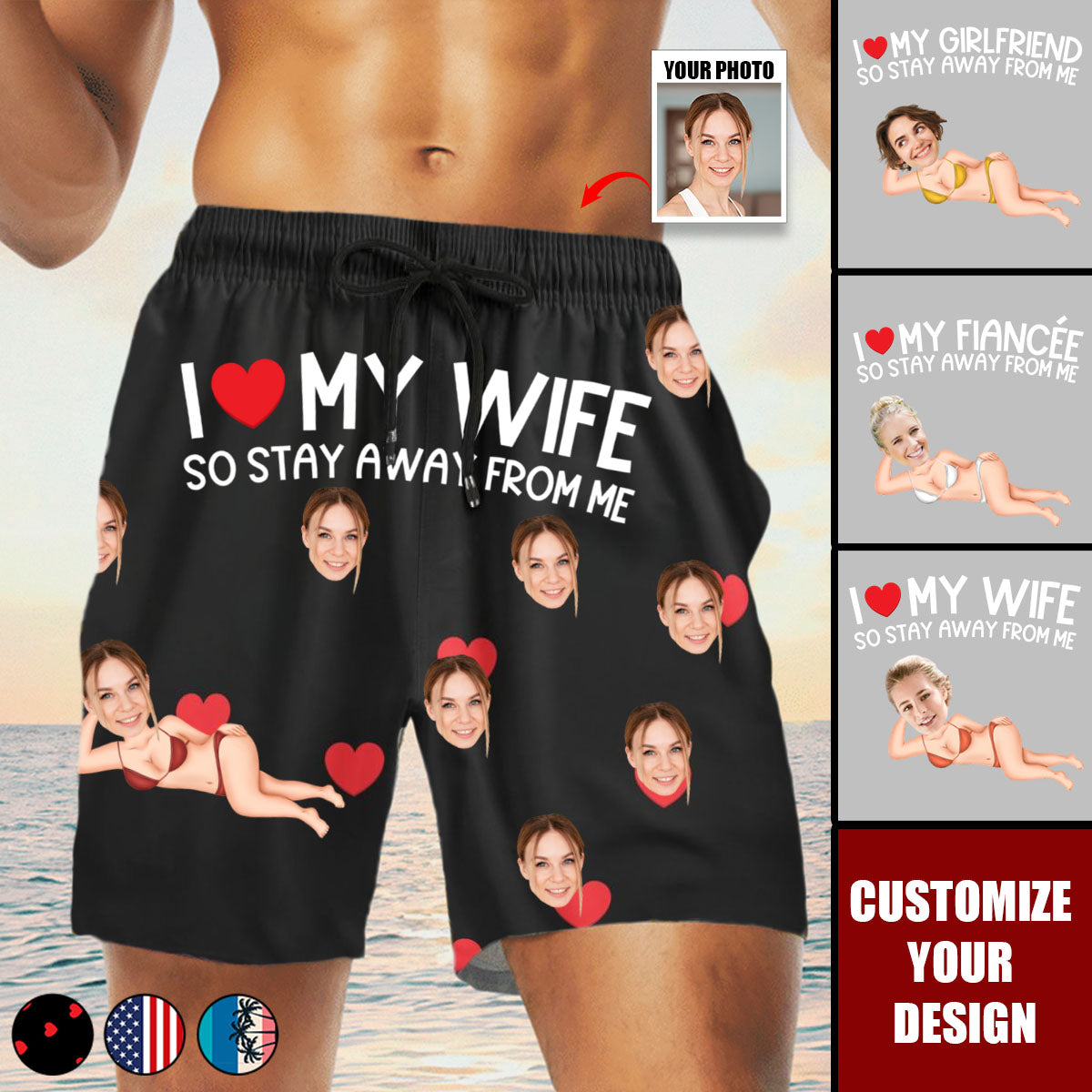 I Love My Wife So Stay Away From Me - Personalized Photo Men's Beach Shorts