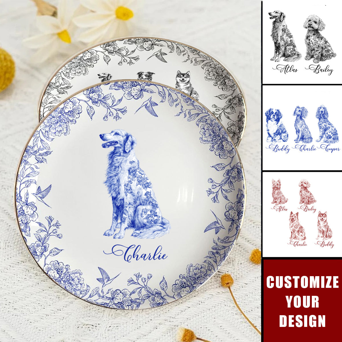 Dog Custom Breeds Chinoiserie Toile De Jouy - Personalized Jewelry Dish