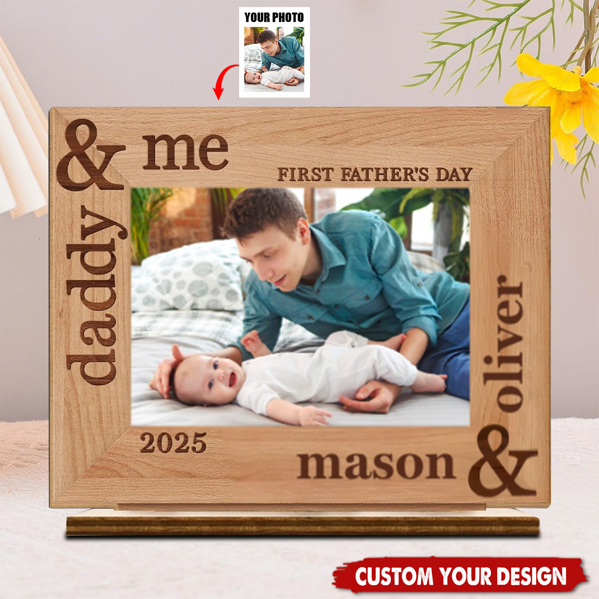 Custom Photo Our First Fathers Day Together - Family Personalized 2-Layered Wooden Plaque