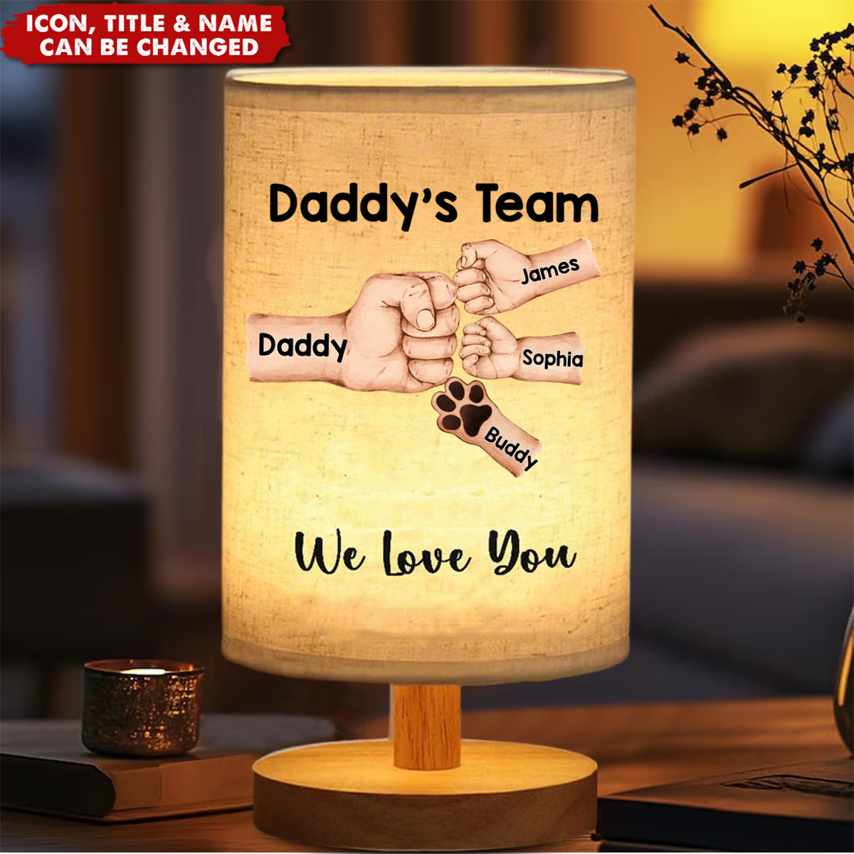 Daddy's Team First Bump - Personalized Father Table Lamp with Wood Base