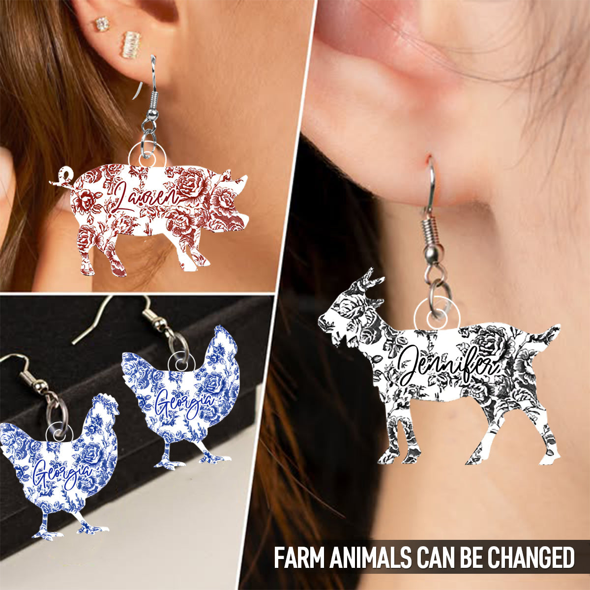 Farm Animals Toile De Jouy Chicken Cow Donkey Pig - Personalized Acrylic Earrings