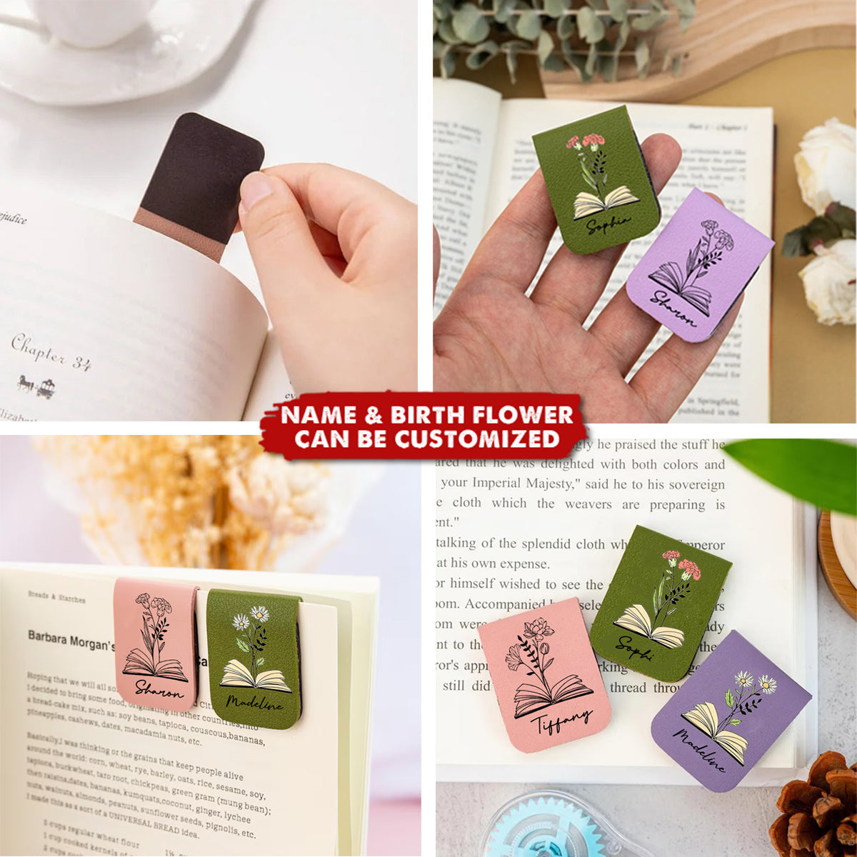 Name Bookmark With Birth Flower - Personalized Leather Magnetic Bookmark, Gift For Book Lovers