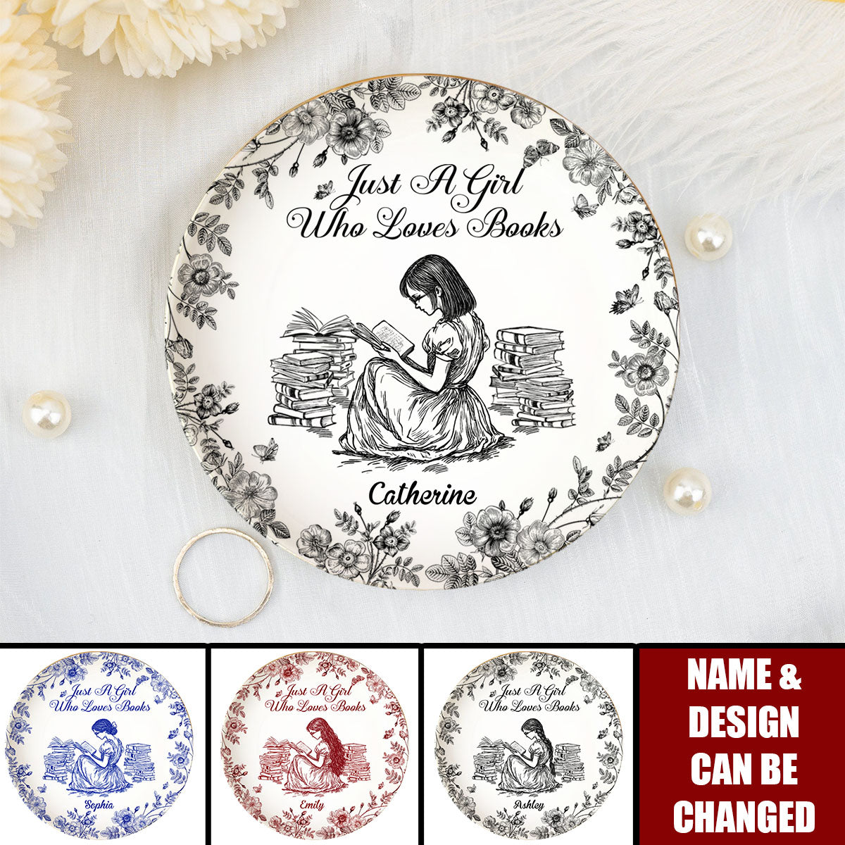 A Girl Who Loves Books Chinoiserie Toile De Jouy - Personalized Jewelry Dish