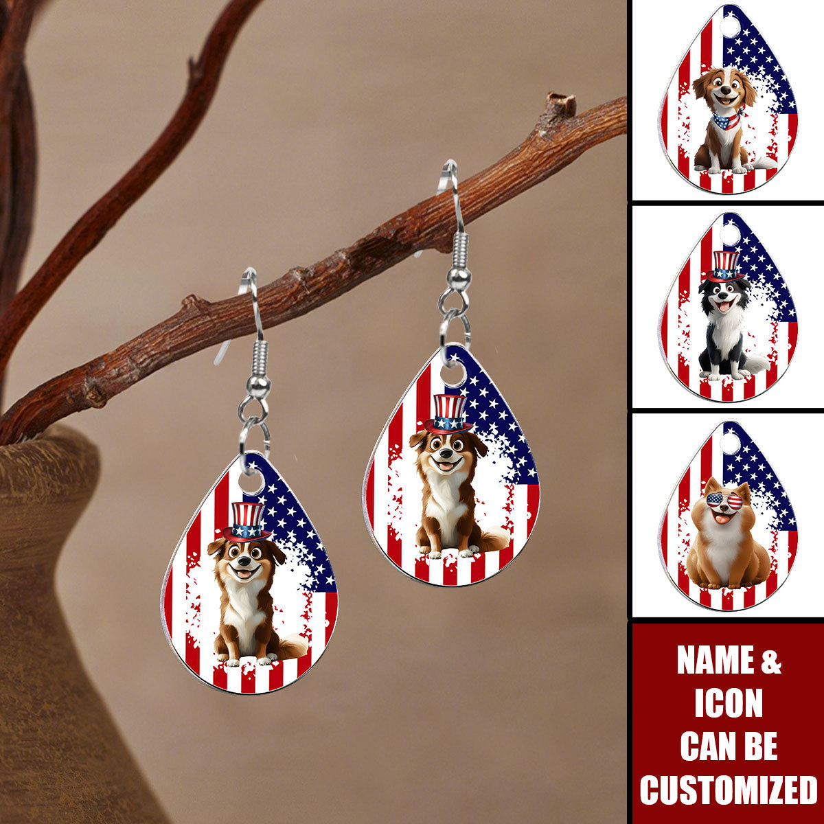 American Flag Dog Lovers - Personalized Acrylic Earrings
