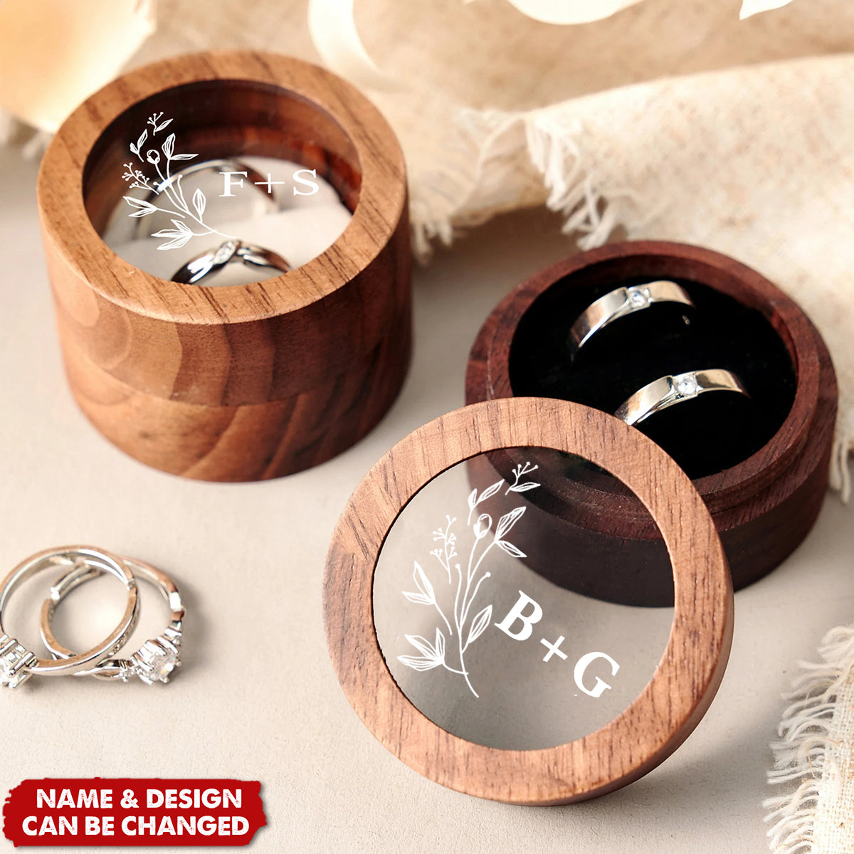 Personalized Wooden Wedding Ceremony Round Ring Box With Clear Acrylic Cover