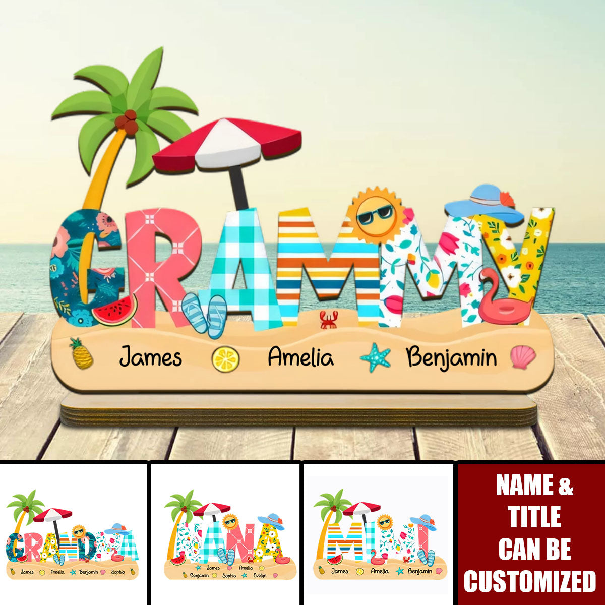 Summer Grandma Mom Pattern Personalized 2-Layer Standing Wooden Plaque