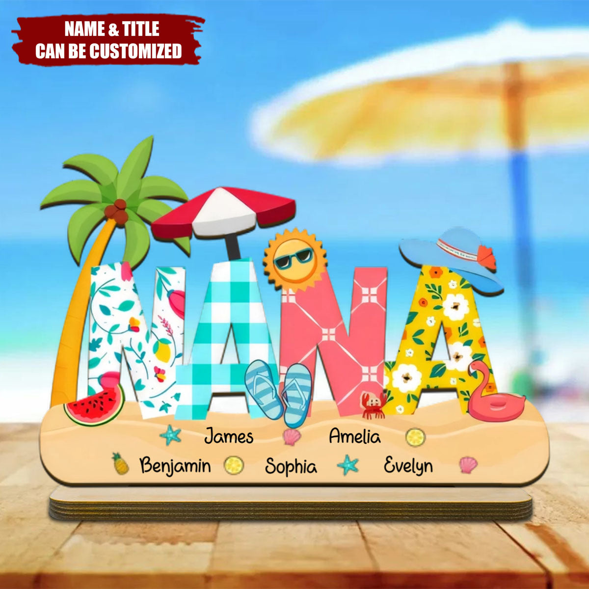 Summer Grandma Mom Pattern Personalized 2-Layer Standing Wooden Plaque