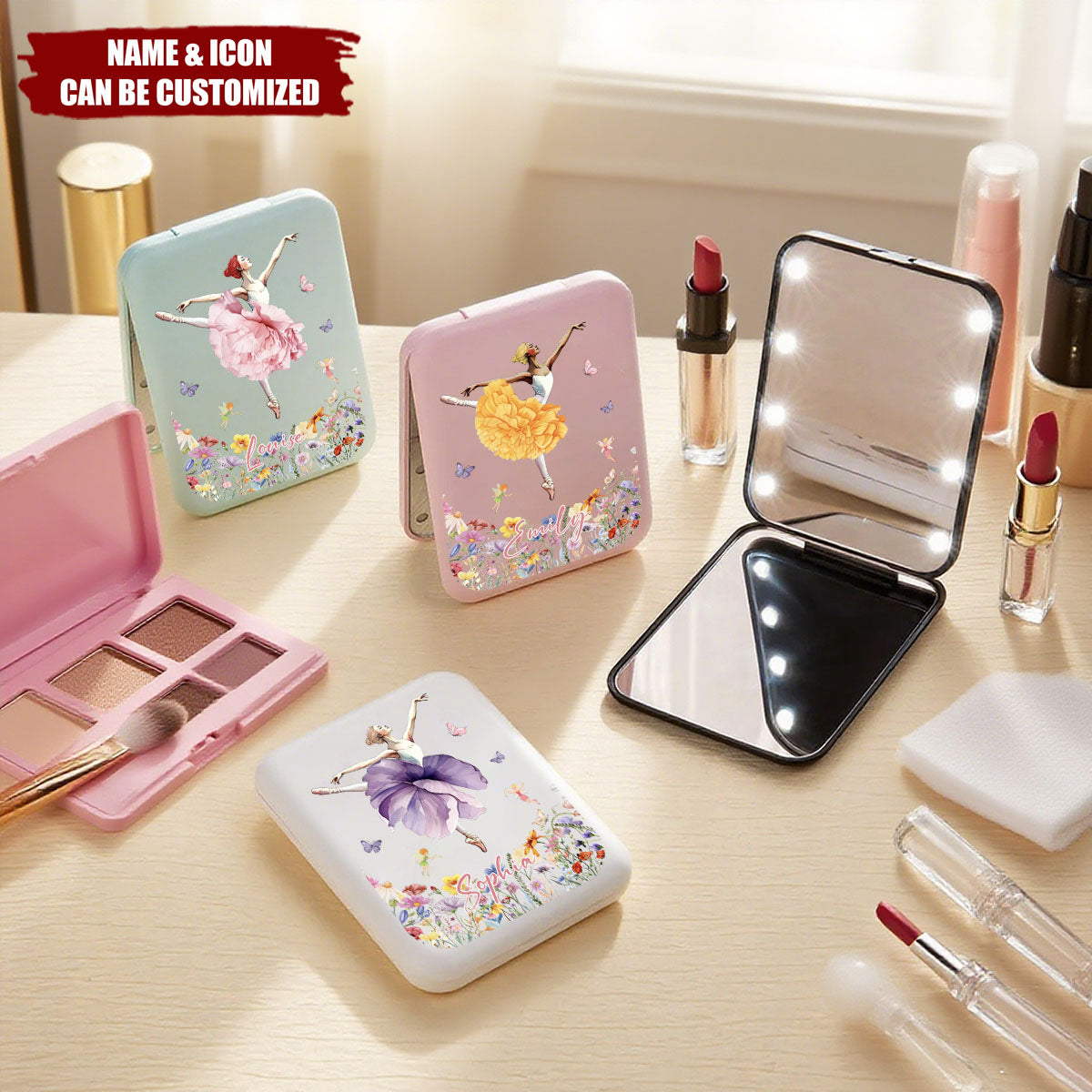 Watercolor Ballet Girl Birth Flower - Personalized LED Double-Sided Compact Makeup Mirror