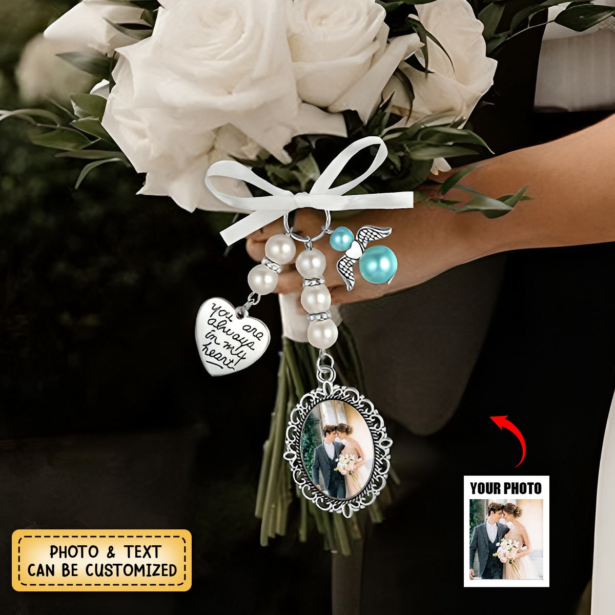 Custom Bridal Flower Bouquet Photo Charm - Personalized Wedding Memorial Pin