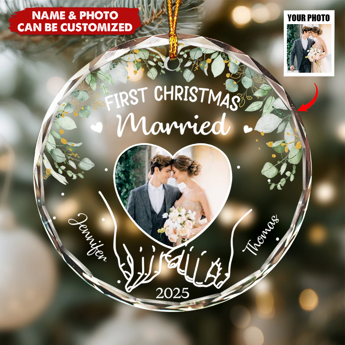 Custom Photo First Christmas Together - Personalized Circle Glass Ornament, Christmas Wedding Gift