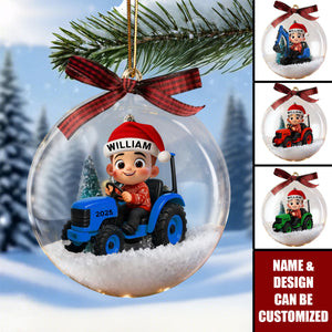 Little Boy Kid With Car Excavator Backhoe Tractor - Personalized Snow Globe Ornament