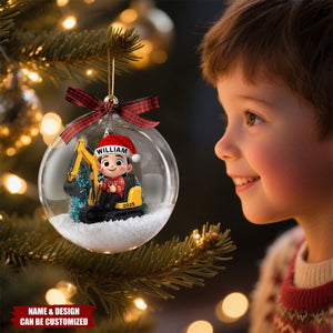 Little Boy Kid With Car Excavator Backhoe Tractor - Personalized Snow Globe Ornament