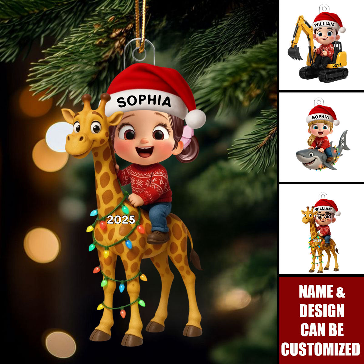 Cute Cartoon Kid With Animal Christmas - Personalized Acrylic Ornament, Unique Gift For Grandkids