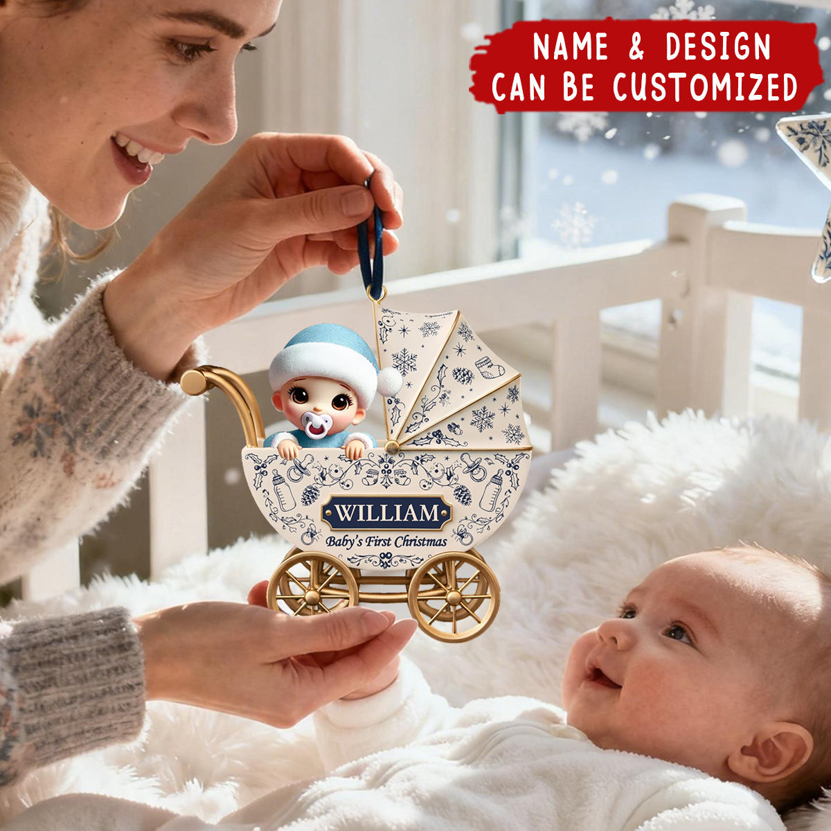 Baby Carriage Toile De Jouy - Personalized Acrylic Ornament, Baby's First Christmas Gift