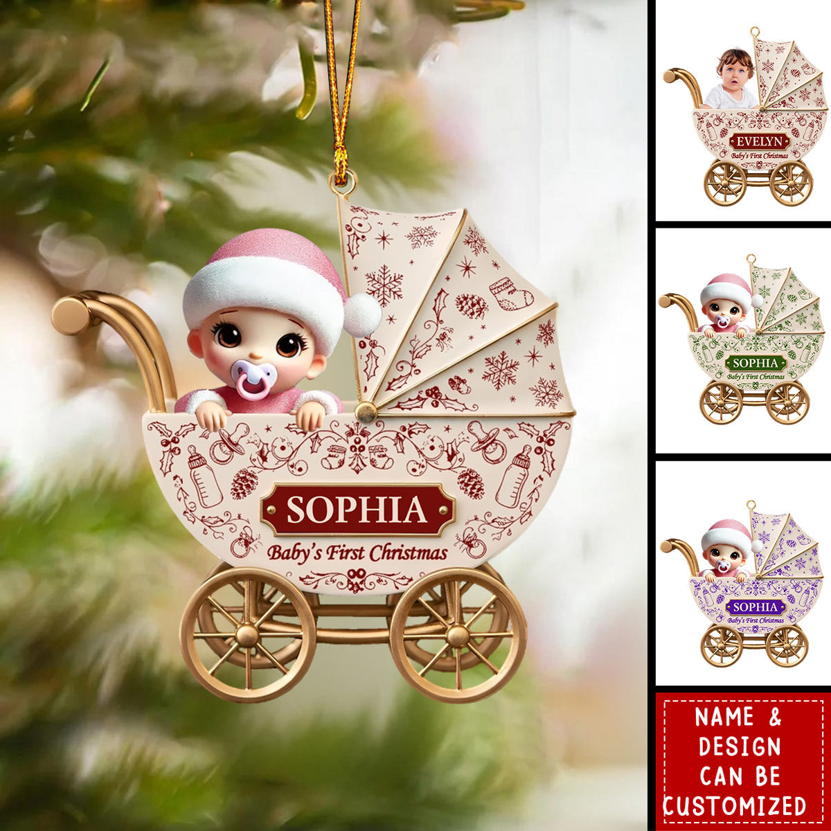 Baby Carriage Toile De Jouy - Personalized Acrylic Ornament, Baby's First Christmas Gift