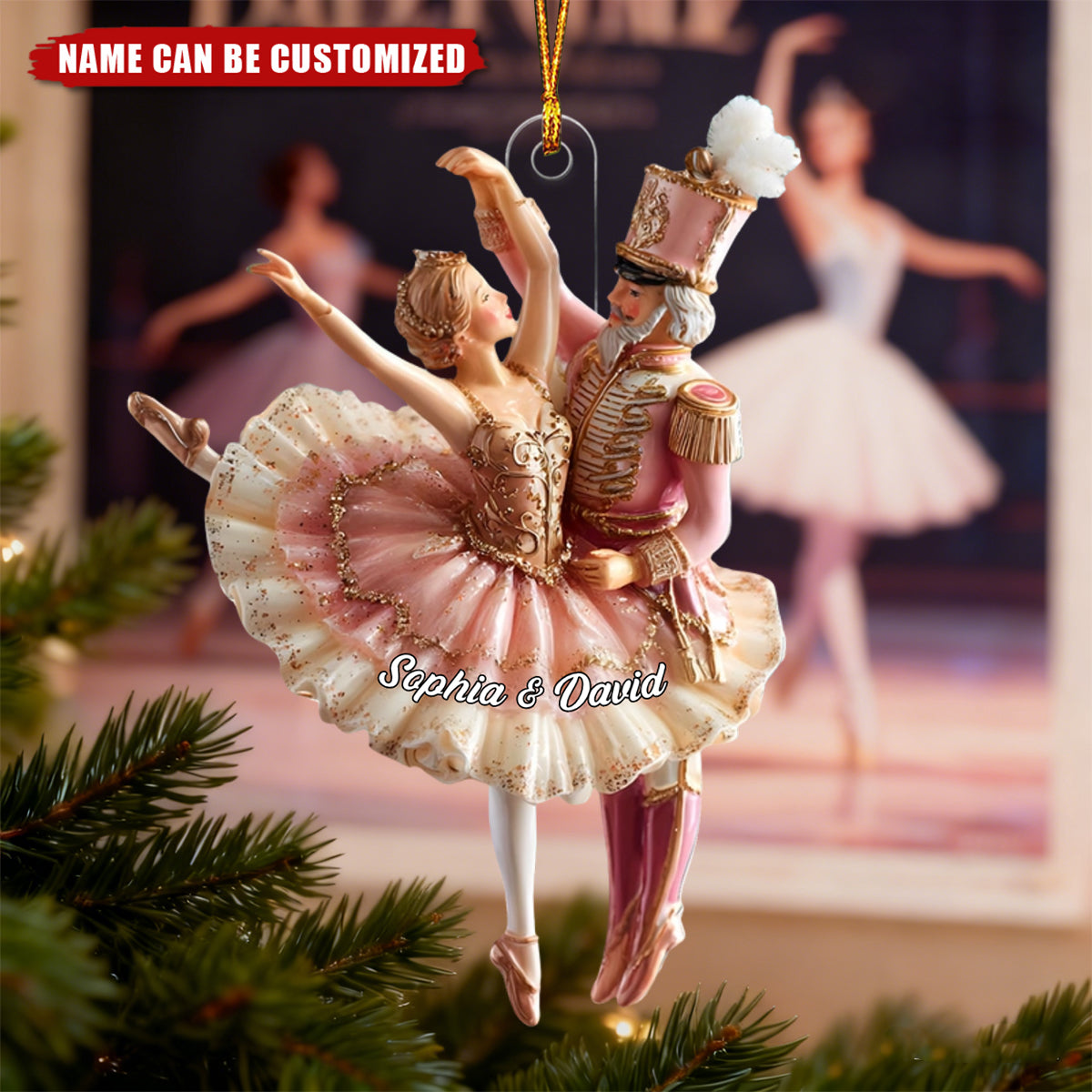 Pink Ballet Girl And Nutcracker Couple - Personalized Acrylic Ornament