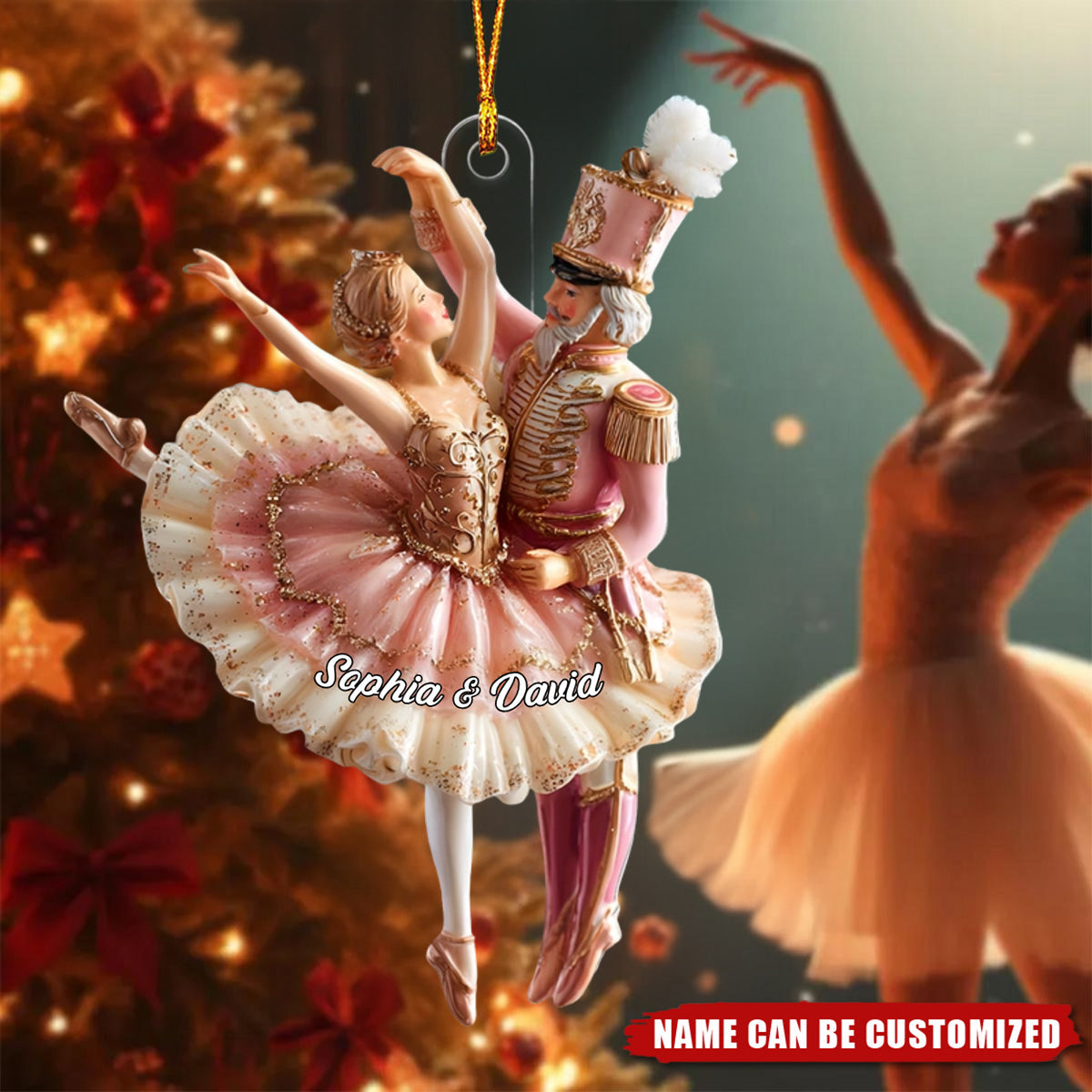 Pink Ballet Girl And Nutcracker Couple - Personalized Acrylic Ornament