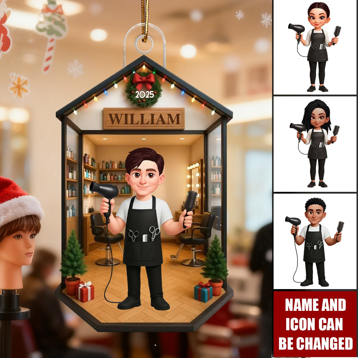 3D Effect Christmas Hair Salon Hairdresser Man Woman - Personalized Acrylic Ornament, Gift For Hairdressers