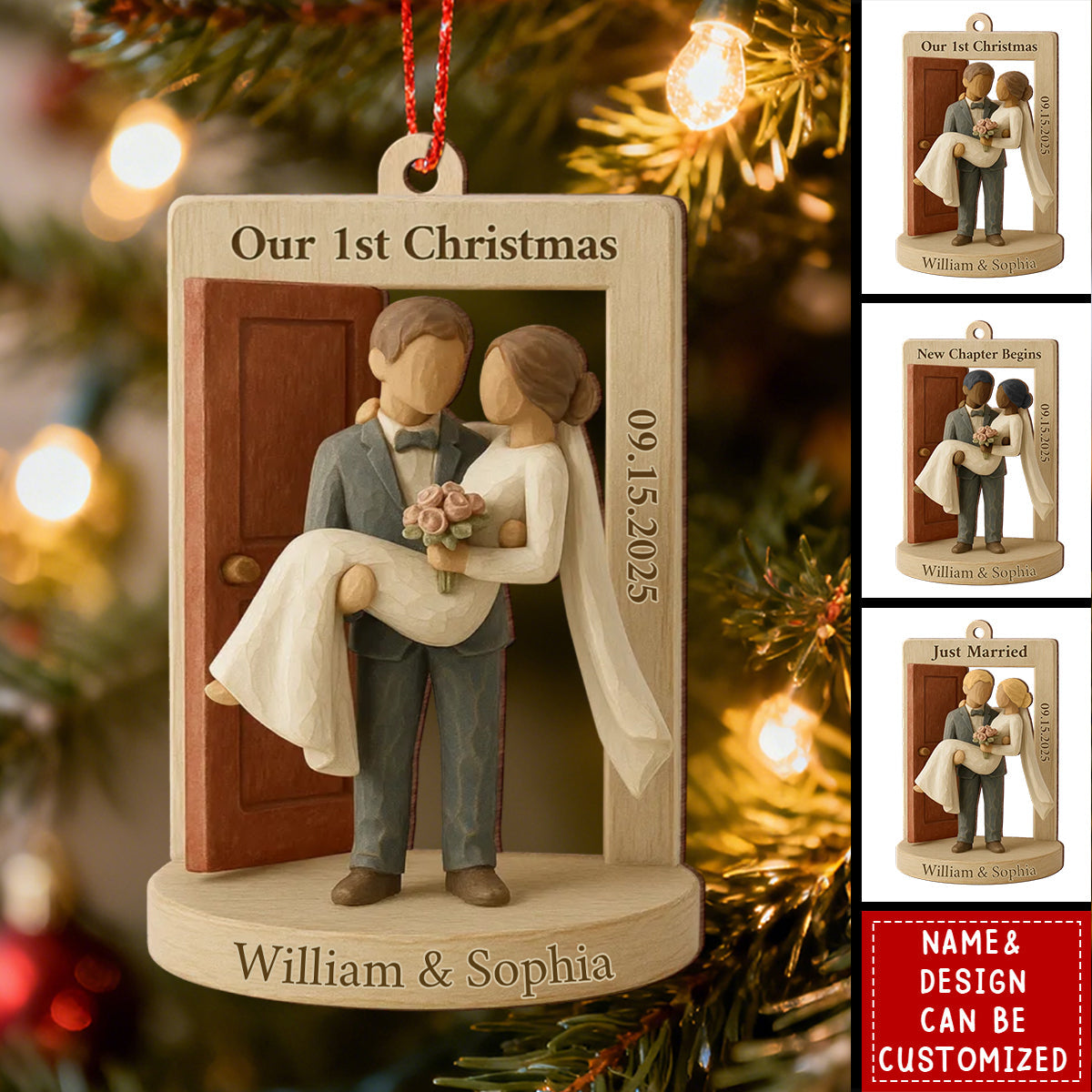 Groom Carrying Bride Threshold Door - Personalized Wooden Ornament, Just Married Newlyweds Marriage Keepsake