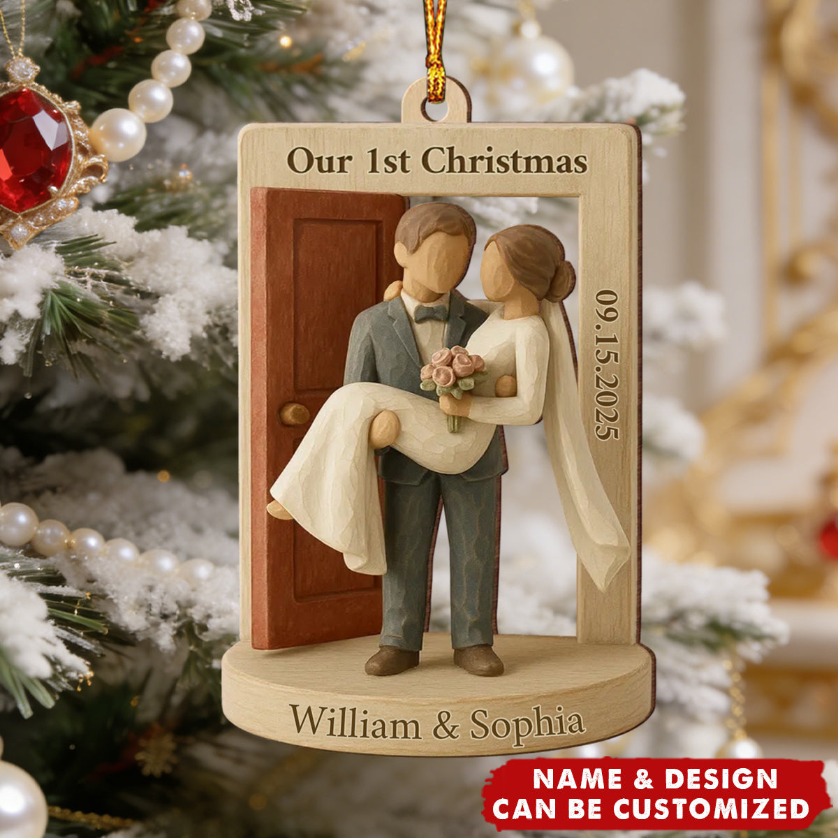 Groom Carrying Bride Threshold Door - Personalized Wooden Ornament, Just Married Newlyweds Marriage Keepsake