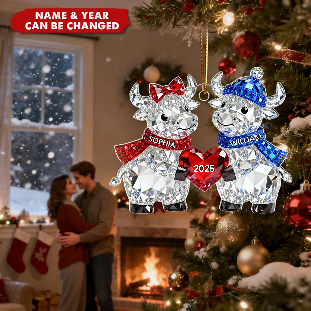 3D Crystal Effect Christmas Highland Cow Couple - Personalized Acrylic Ornament, Christmas Gift for Couple