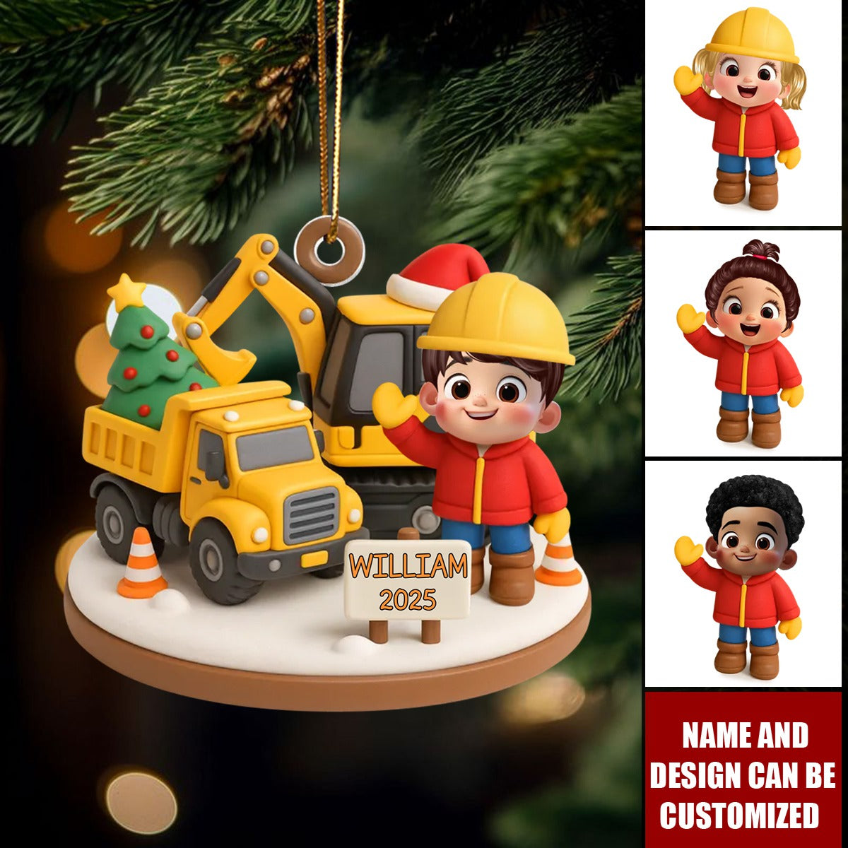 Cute Little Kid With Construction Struck - Personalized Acrylic Ornament, Christmas Gift for Kid, Grandkids