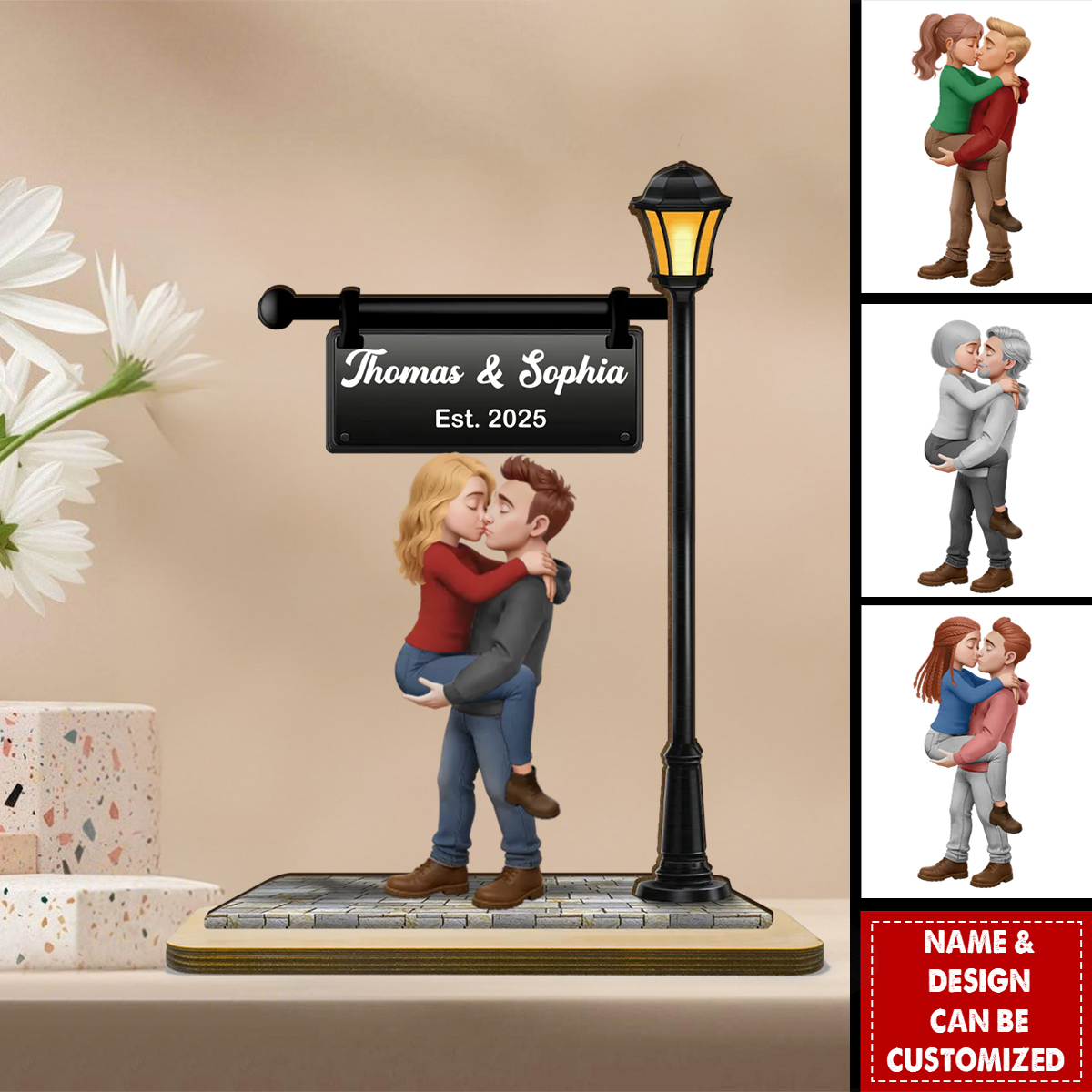 Couple Kissing Under Street Lamp Post - Personalized Wooden Plaque, Gift For Couple, Gift For Him, For Her