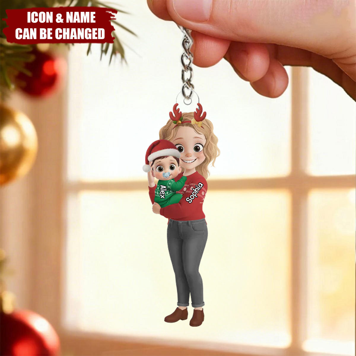 Personalized Christmas Mom Holding Baby Acrylic Keychain,Gender Reveal Gifts - Tiny Hands Big Love